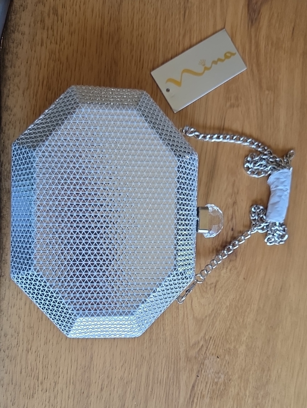 Nina Silver Octagonal Mesh Evening Bag with Chain